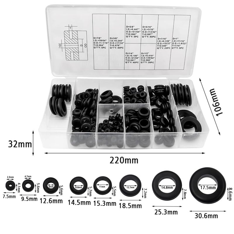Wolfride 180Pcs Rubber Grommet Assortment Kit O Ring Washer Set Rubber Wire Grommets| 1/4", 5/16", 3/8", 7/16", 1/2", 5/8", 7/8", 1" - Image 2